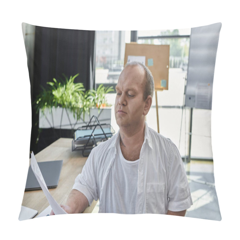 Personality  A Man With Inclusivity Sits At A Desk In A Modern Office, Intently Reviewing Paperwork. Pillow Covers