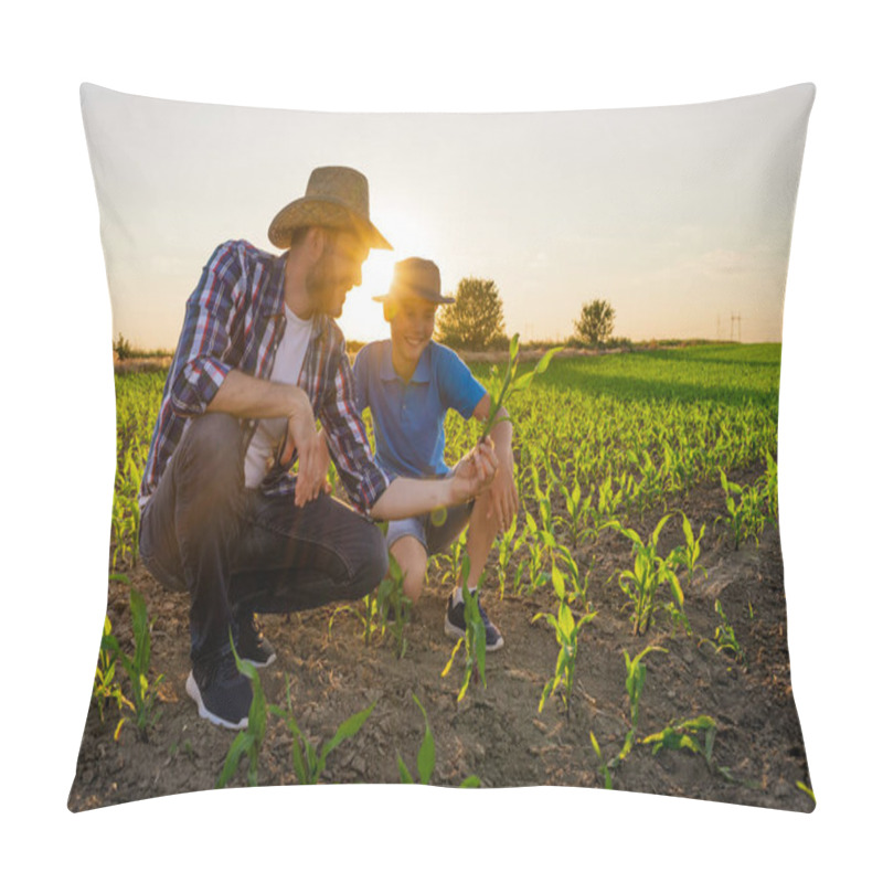 Personality  Family Farmers Are Standing In Their Growing Corn Field. They Are Examining Crops After Successful Sowing. Pillow Covers