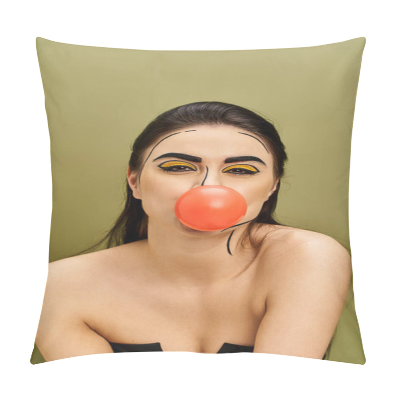 Personality  Brunette Woman Adorned With Pop Art Makeup Blowing Bubble Gum Pillow Covers