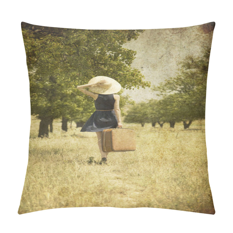 Personality  Redhead Girl With Suitcase At Country. Pillow Covers