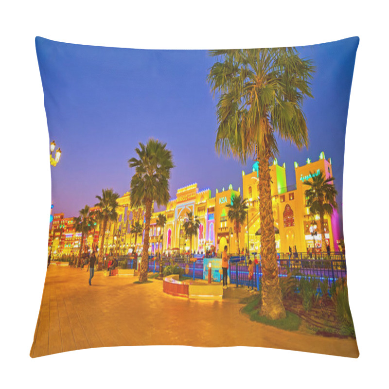 Personality  DUBAI, UAE - MARCH 5, 2020: The Palm Alley Sretches Along The Canal Of Global Village Dubai In Front Of The Brightly Illuminated Trade Pavilions Of Different Countries, On March 5 In Dubai Pillow Covers