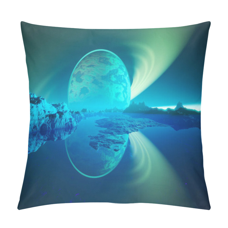 Personality  A Digital Masterpiece Depicting A Surreal Yet Tranquil Alien Landscape, Featuring An Exoplanet Embraced By Icy Terrain And Magnificent Rings Overhead. Pillow Covers