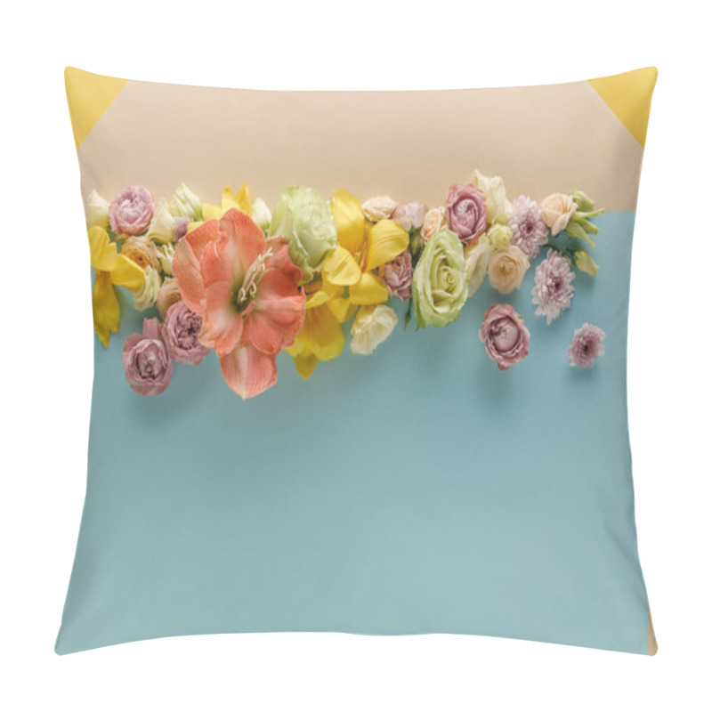 Personality  Top View Of Spring Flowers On Beige, Blue And Yellow Background Pillow Covers