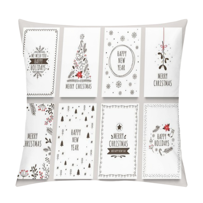 Personality  Hand Drawn Winter Holidays Cards. Merry Christmas Card With Floral Ornaments, New Year Tree And Snowflakes Frame Vector Set Pillow Covers