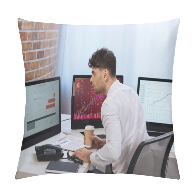 Personality  Businessman Holding Coffee To Go And Analyzing Finance Stocks On Computers In Office  Pillow Covers