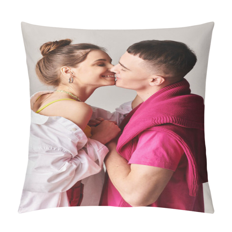 Personality  A Stylish Young Man And Woman Share A Passionate Kiss In A Studio Against A Grey Background. Pillow Covers