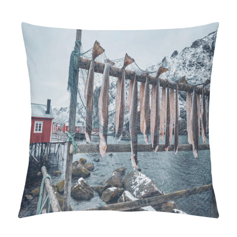 Personality  Drying Stockfish Cod In Nusfjord Fishing Village In Norway Pillow Covers