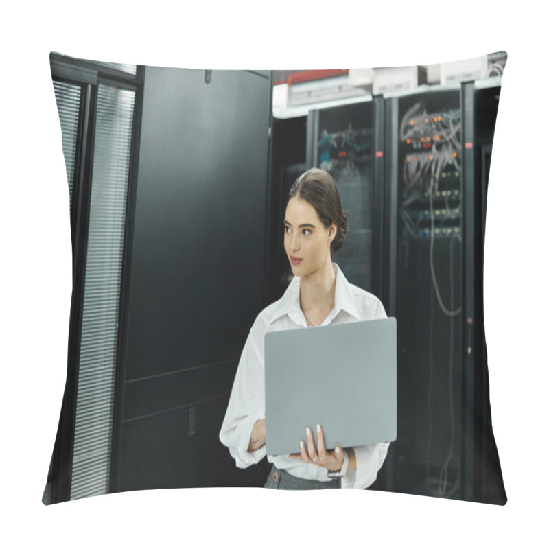 Personality  A Professional Woman In A White Shirt Works On Her Laptop In The Server Room For Security. Pillow Covers