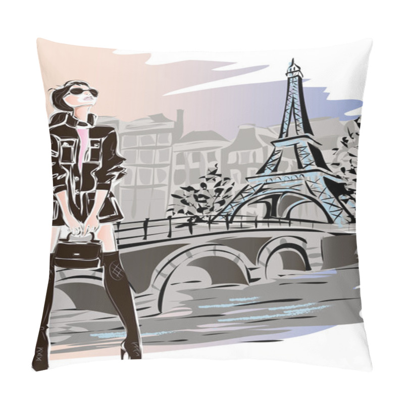 Personality  Fashion Woman In Paris Near Eiffel Tower Pillow Covers