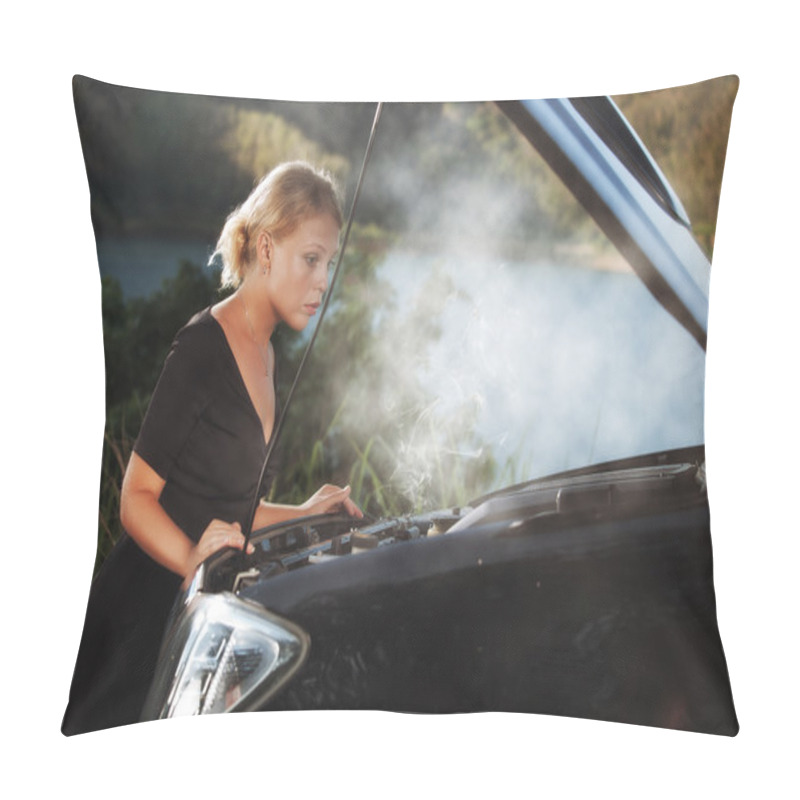 Personality  Portrait Of Young Beautiful Woman With Broken Car Aside Pillow Covers