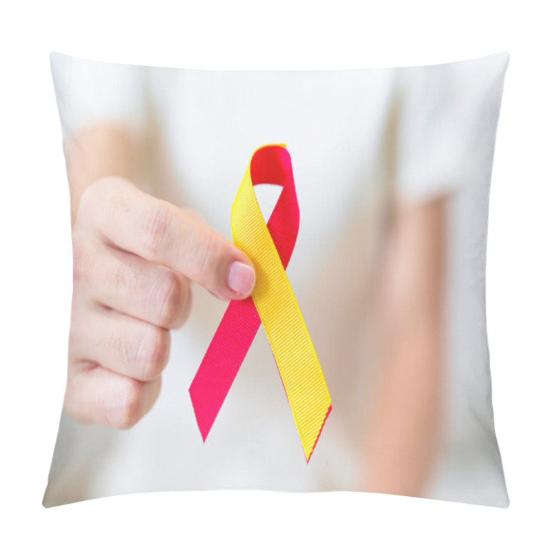 Personality  Woman Holding Red And Yellow Ribbon. World Hepatitis Day Awareness Month, 28 July, Liver Cancer, Jaundice, Cirrhosis, Failure, Enlarged, Hepatic Encephalopathy And Health Concept Pillow Covers