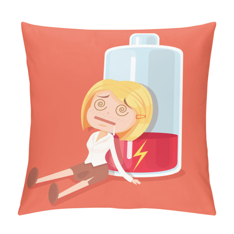 Personality  Business Woman Character No Energy. Vector Flat Cartoon Illustration Pillow Covers