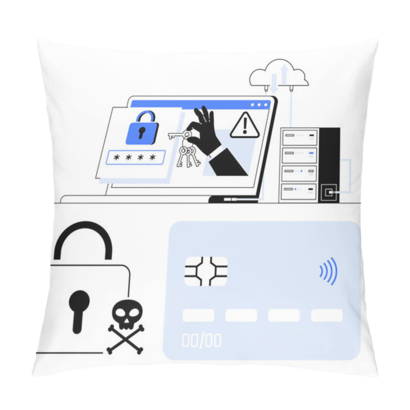 Personality  Laptop With Hacking Visuals, Credit Card With Lock, Warning Icons, Server Stack, And Cloud. Ideal For Cybercrime Awareness, Data Security, Fraud Prevention, Encryption Cloud Security Hacker Pillow Covers