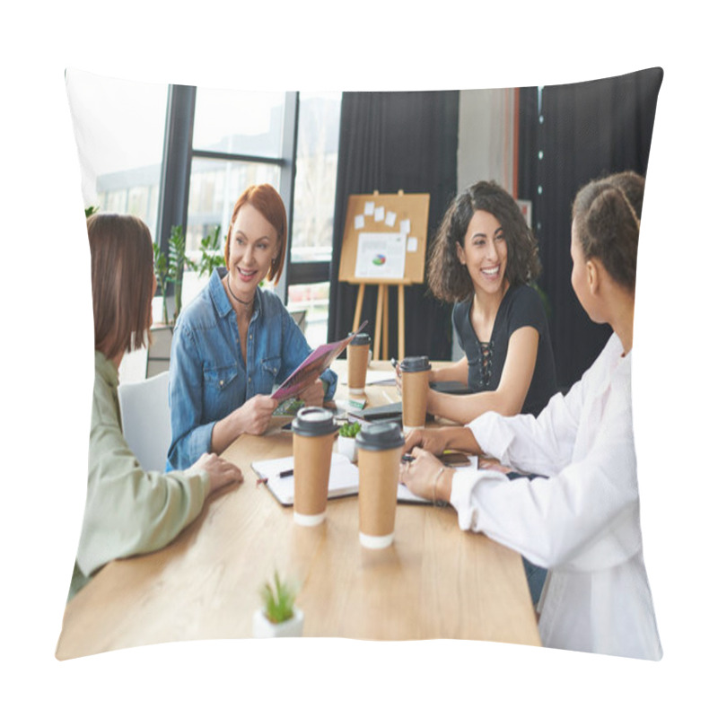 Personality  Positive Redhead Woman Holding Magazine During Communication With Multiethnic Female Friends At Table With Coffee To Go And Notebooks In Women Interest Club, Leisure And Knowledge-sharing Concept Pillow Covers