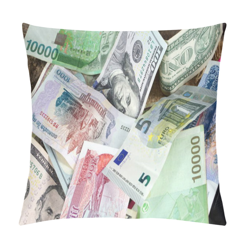 Personality  US Dollars, Korean Won, Euro Bills And Some Money Bills And Banknotes. Pillow Covers