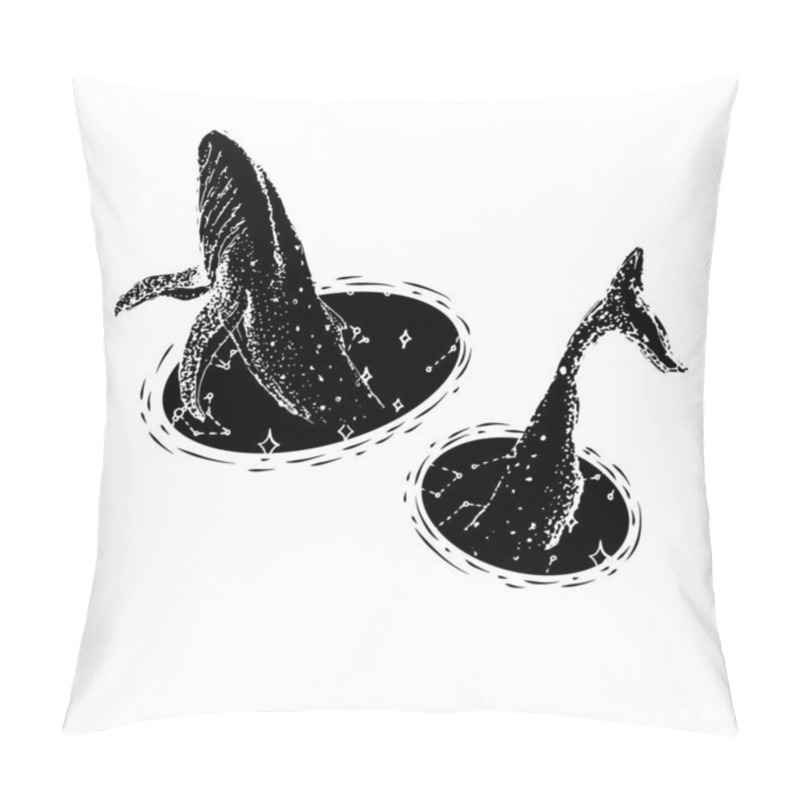 Personality  Blue Whale And Planets In Solar System. Astronomical Galaxy Space. Explore Adventure. Engraved Hand Drawn In Old Sketch.  Pillow Covers