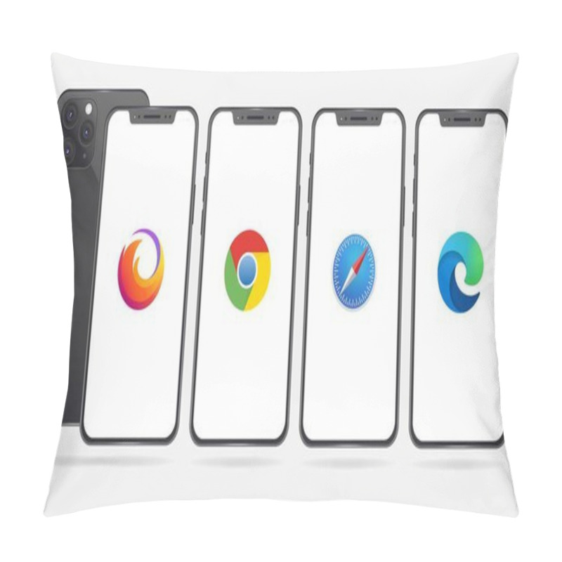 Personality  Apple Iphone With A Popular Internet Browser Application Logos 2020; Mozilla Firefox, Google Chrome, Safari And Microsoft Edge. For Editorial Use.  Pillow Covers