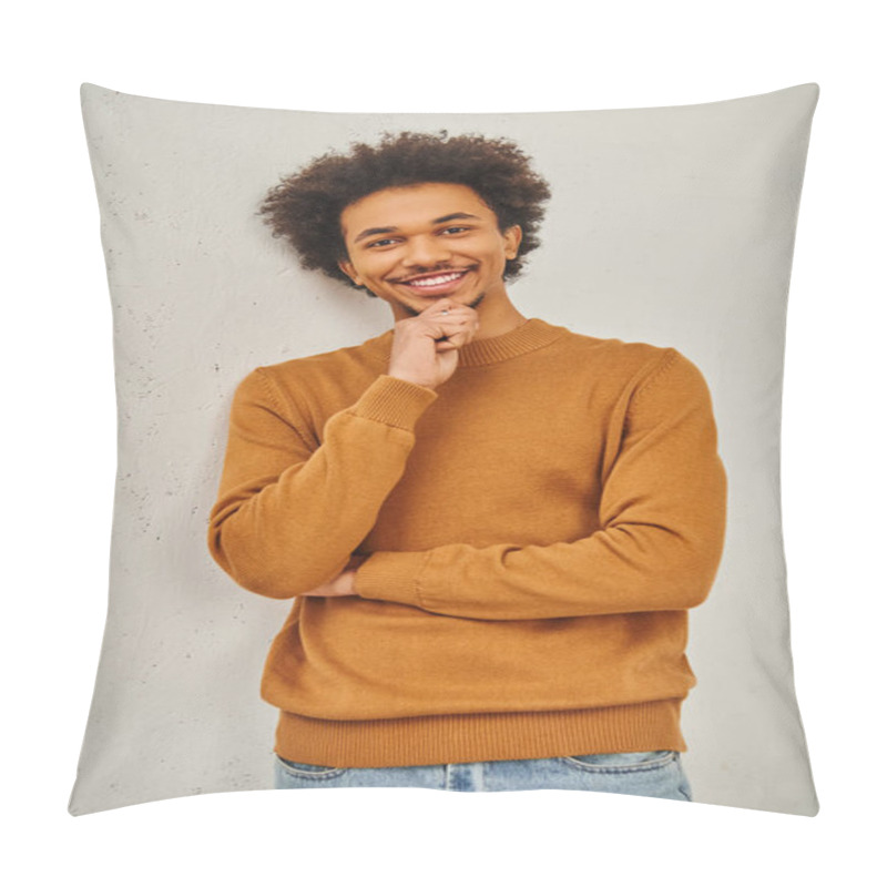 Personality  A Man In A Brown Sweater Leaning Against A Wall. Pillow Covers