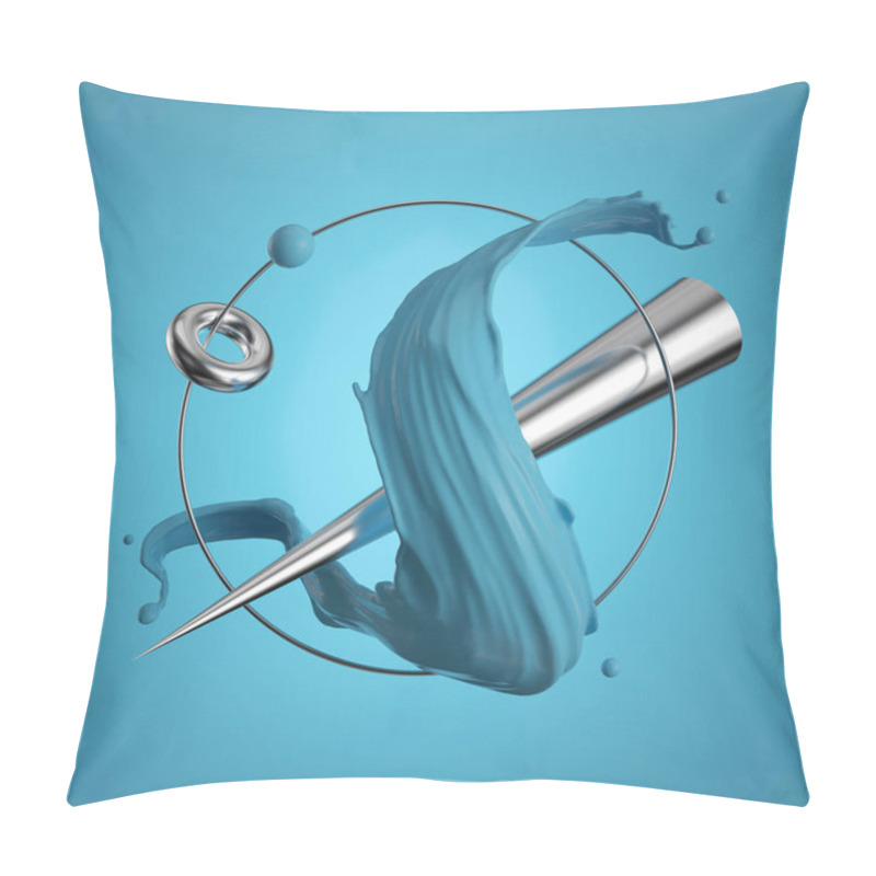 Personality  3d Render. Abstract Geometric Primitives, Silver Cone, Ball, Torus, Blue Splash, Paint Splashing, Isolated On Blue Background. Modern Minimal Design. Flying Objects, Levitation Concept. Digital Art Pillow Covers