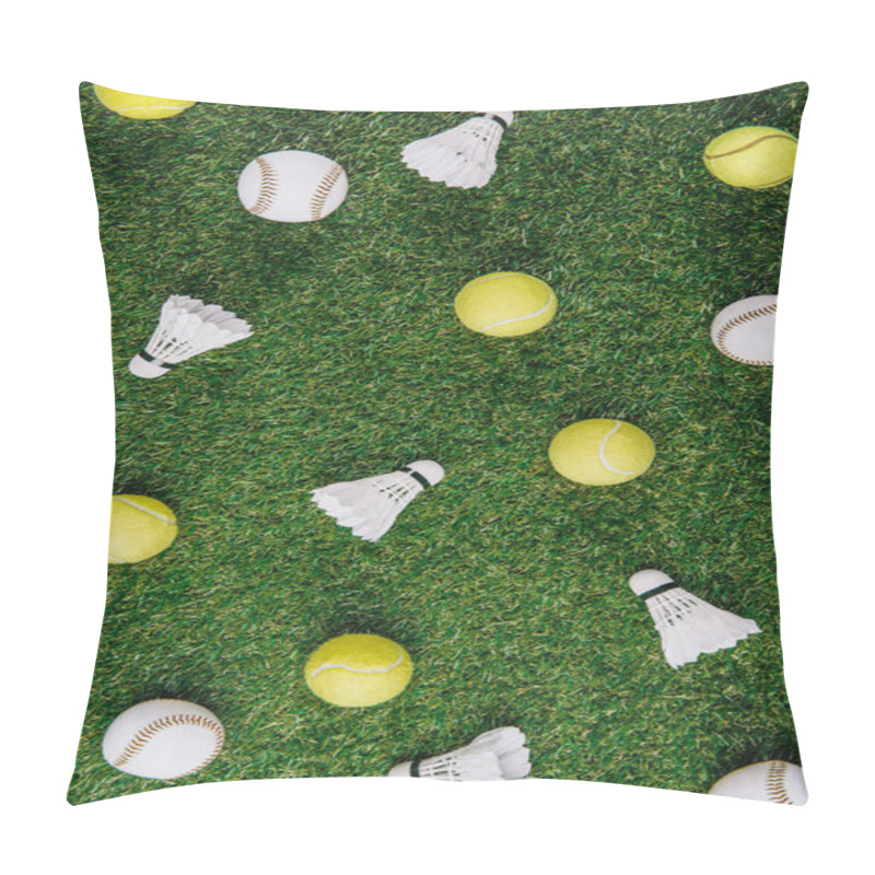 Personality  Top View Of Arrangement Of Badminton Shuttlecocks, Tennis And Baseball Balls On Green Lawn Pillow Covers