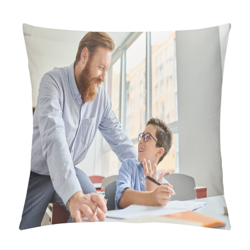 Personality  A Teacher Assists A Young Boy With His Homework In A Vibrant And Engaging Classroom Setting Pillow Covers