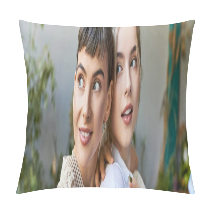 Personality  Two Women, A Loving Lesbian Couple, Stand Gracefully In An Art Studio. Pillow Covers