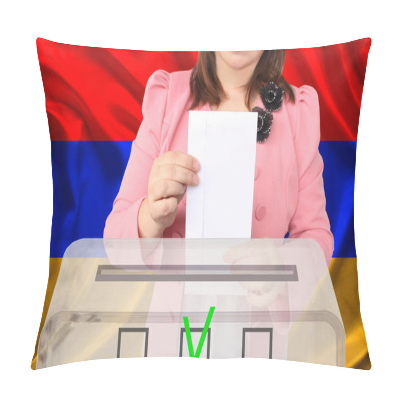 Personality  Female Voter Lowers The Ballot In A Transparent Ballot Box Against The Background Of The National Flag Of Armenia, Concept Of State Elections, Referendum Pillow Covers