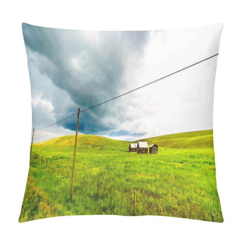 Personality  Tin Roofed Barns In The Wide Open Grass Lands Of The Nicola Valley, Along Highway 5A Between Merritt And Kamloops, British Columbia, Canada, Under Dark Threatening Sky Pillow Covers