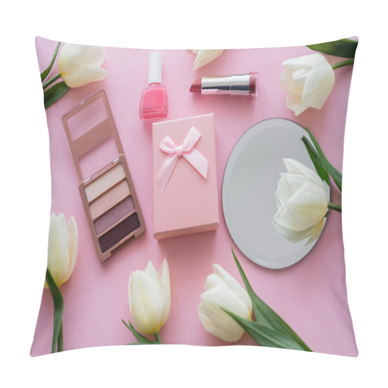 Personality  Top View Of White Flowers, Gift Box And Decorative Cosmetics On Pink Pillow Covers