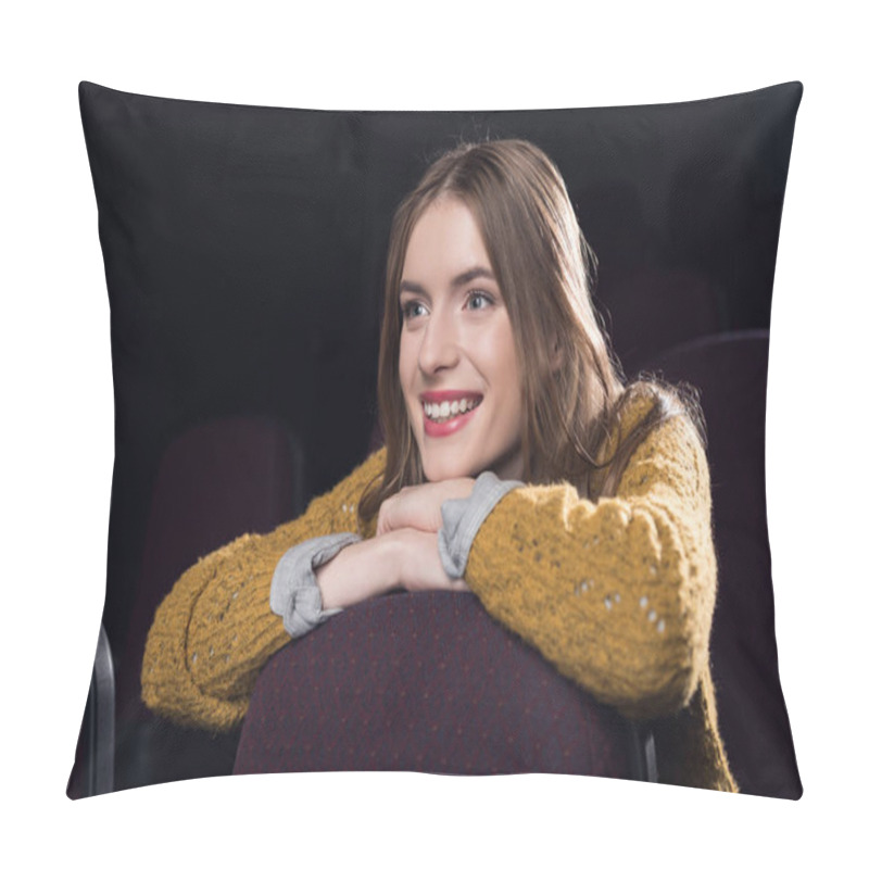 Personality  Young Cheerful Girl Watching Film In Movie Theater Pillow Covers