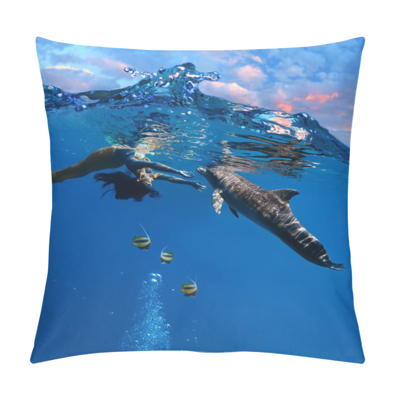 Personality  Mermaid And Dolphin Playing In The Sea Underwater Close With Water Surface Pillow Covers