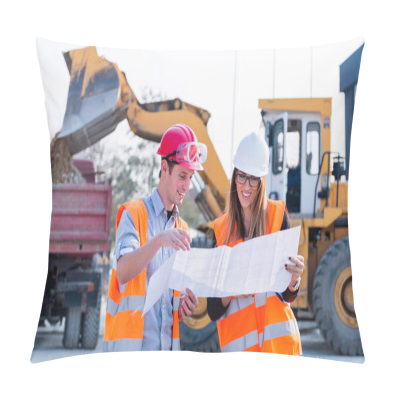 Personality  Engineers Examining Plans On Construction Site Pillow Covers