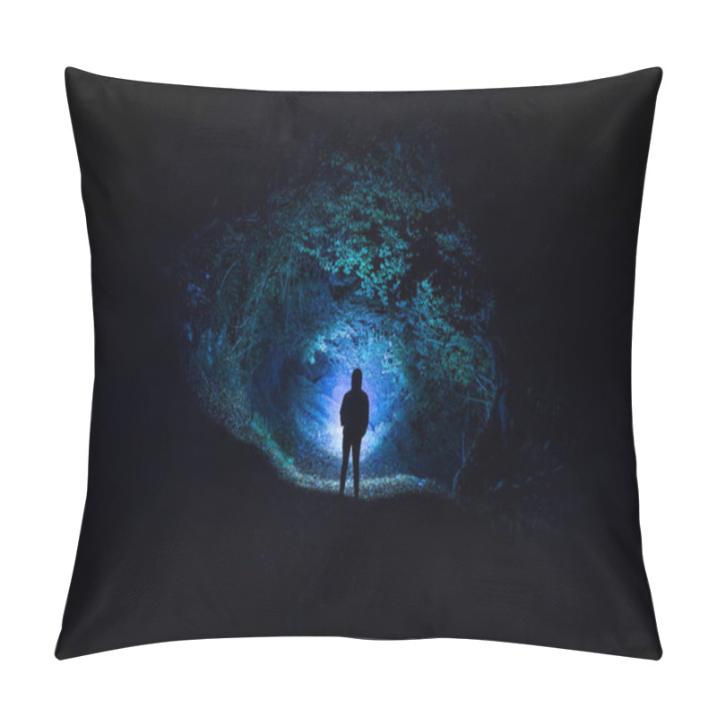 Personality  Silhouette Of Person Standing In The Dark Forest With Light. Horror Halloween Concept. Strange Silhouette In A Dark Spooky Forest At Night Pillow Covers