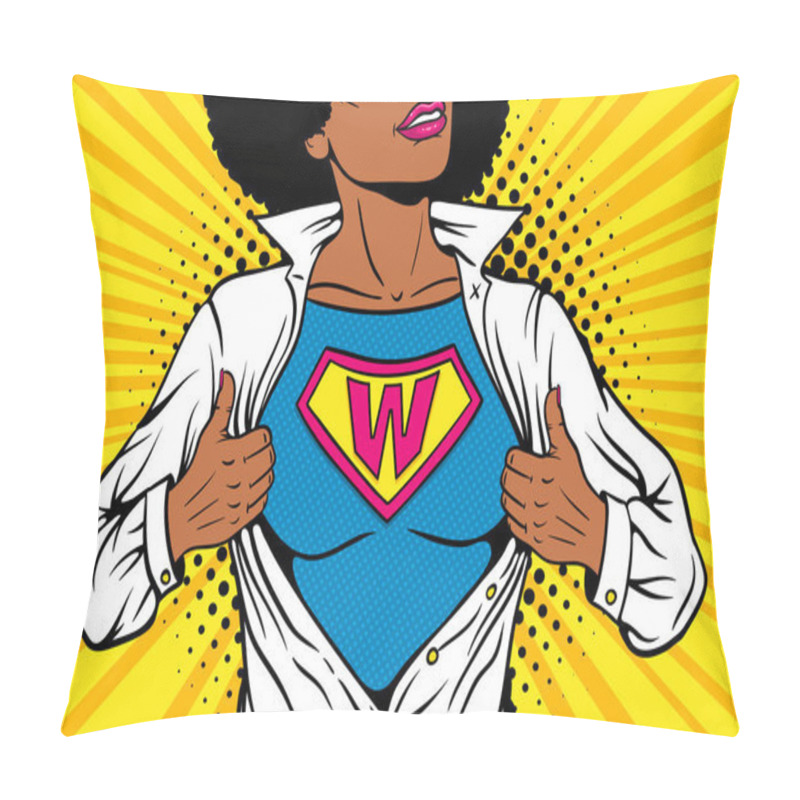 Personality  Pop Art Female Superhero. Young Sexy Afro American Woman Dressed In White Jacket Shows Superhero T-shirt With W Sign Means Woman On The Chest. Vector Illustration In Retro Pop Art Comic Style. Pillow Covers