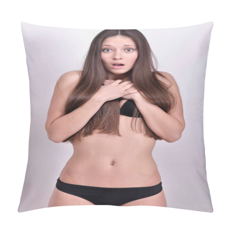 Personality  Emotional Beautiful Woman  In Black Underwear In Studio With Grey Background. Not Object. Pillow Covers