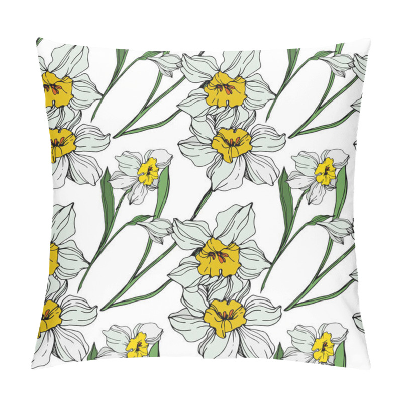 Personality  Vector White And Yellow Narcissus Flowers With Green Leaves. Engraved Ink Art On White Background. Seamless Background Pattern.  Pillow Covers