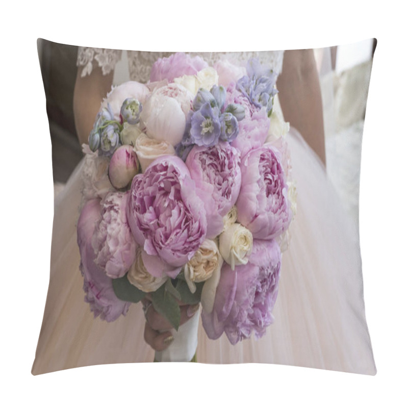 Personality  Wedding Bouquet Of Pink And Lilac Peonies In Bride's Hands. Close Up Of Pink And Lilac Wedding Bouquet. Wedding Decoration. Bride's Wedding Bouquet Pillow Covers