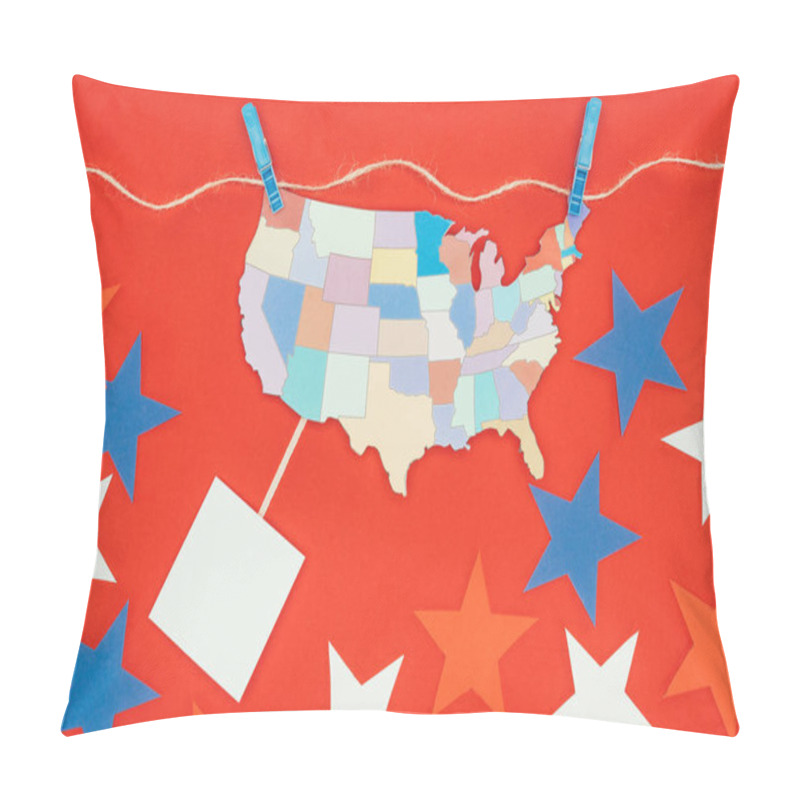 Personality  Top View Of Piece Of Map With Usa States Hanging On Rope And Stars Isolated On Red Pillow Covers