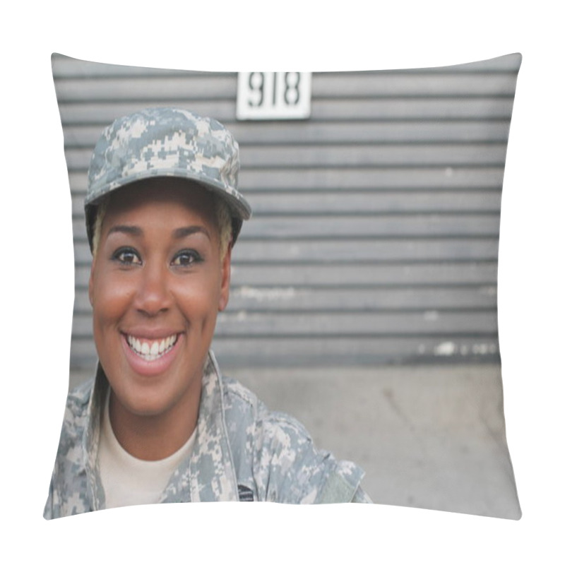 Personality  African American Woman Soldier Standing Outdoors At Daytime Pillow Covers