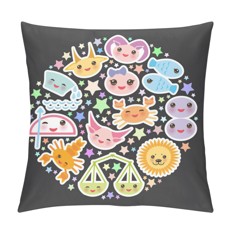 Personality  Funny Kawaii Zodiac Sign, Astrological Stiker Set  Virgo, Aries, Gemini, Cancer, Aquarius, Taurus, Leo, Libra Sagittarius Fish Capricorn Scorpio Black Background. Vector Illustration Pillow Covers