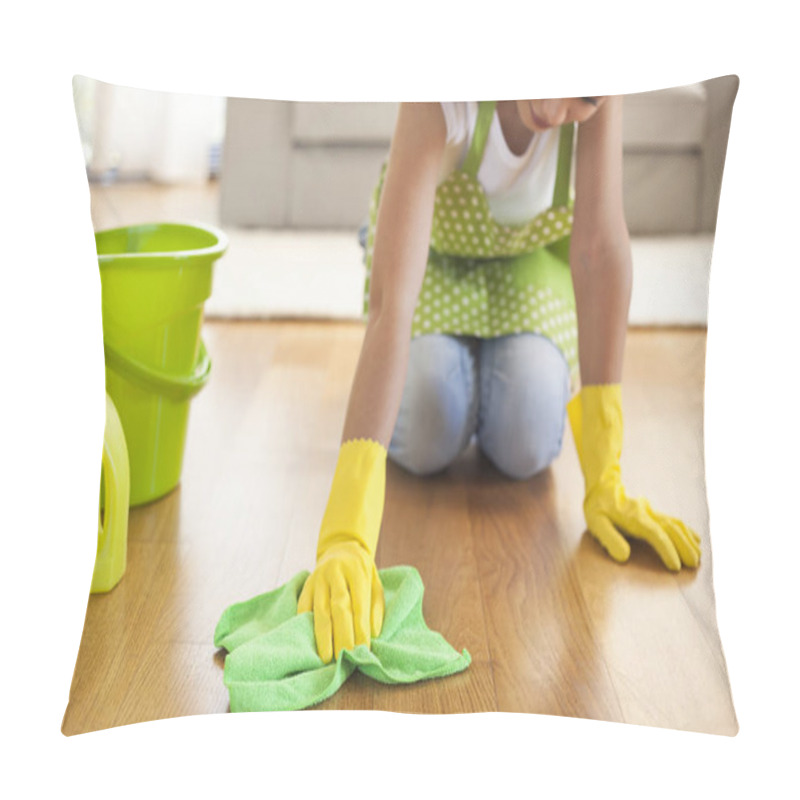 Personality  Woman With Cloth Cleaning Floor In Home Pillow Covers