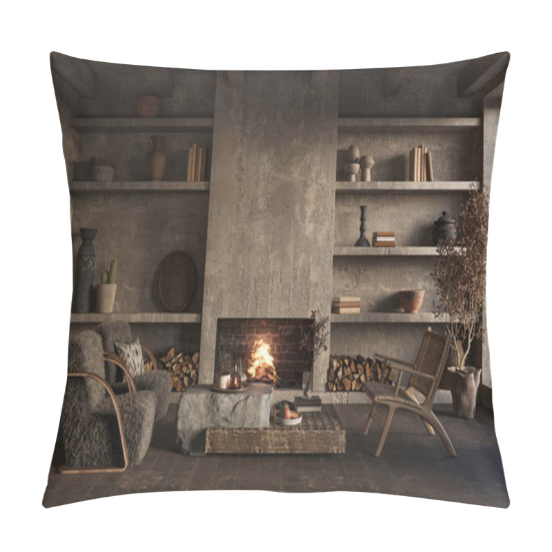 Personality  Wabi Sabi Living Room Interior. Interior Mockup, 3d Render Pillow Covers