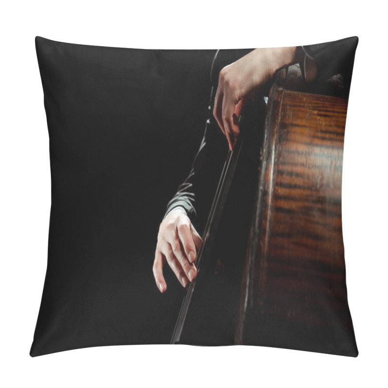 Personality  Partial View Of Male Professional Musician Playing On Contrabass Isolated On Black Pillow Covers