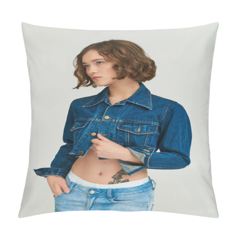 Personality  Fashionable Girl With Tattoo In Cropped Denim Jacket Posing With Hand In Pocket Of Jeans On Grey Pillow Covers