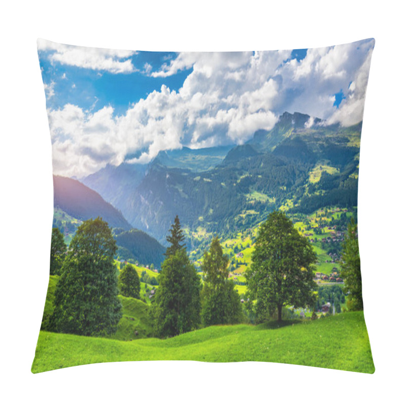 Personality  Grindelwald Village View And Summer Swiss Alps Mountains Panorama Landscape, Wooden Chalets On Green Fields And High Peaks In Background, Switzerland, Bernese Oberland, Europe. Pillow Covers