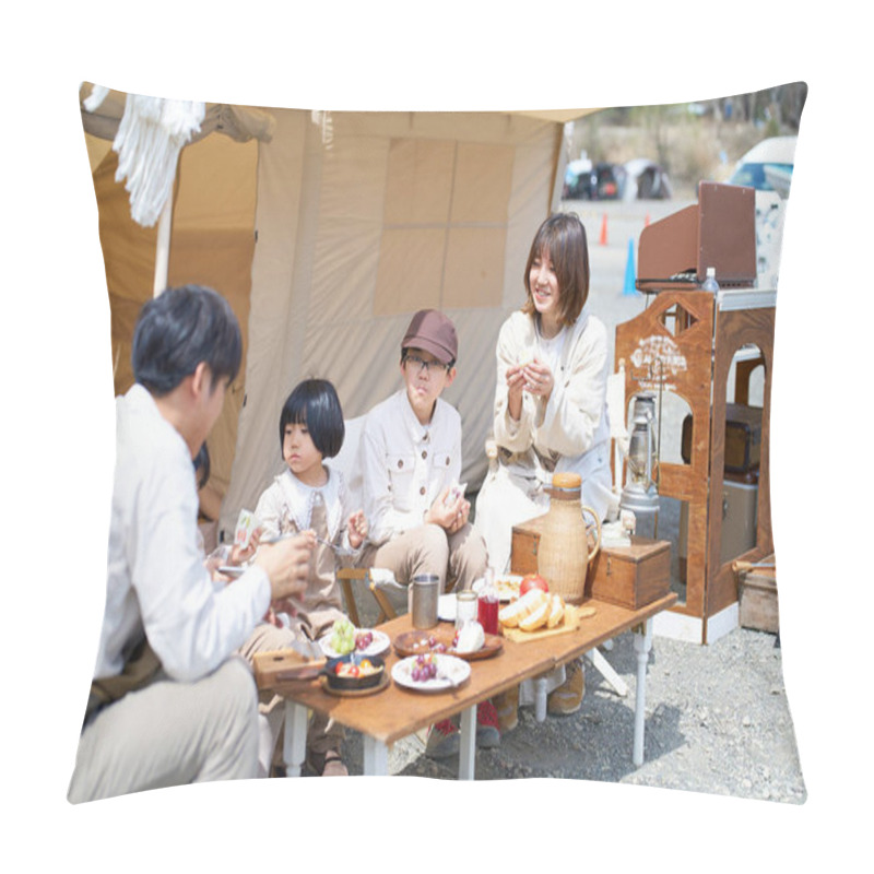 Personality  A Family Of Five Enjoying A Meal At A Campsite Pillow Covers