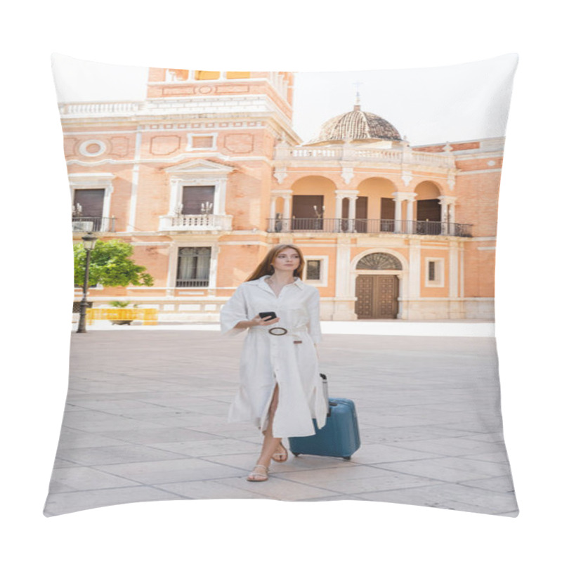 Personality  Young Redhead Woman Walking With Suitcase Holding Cellphone Near Valencia Cathedral Pillow Covers