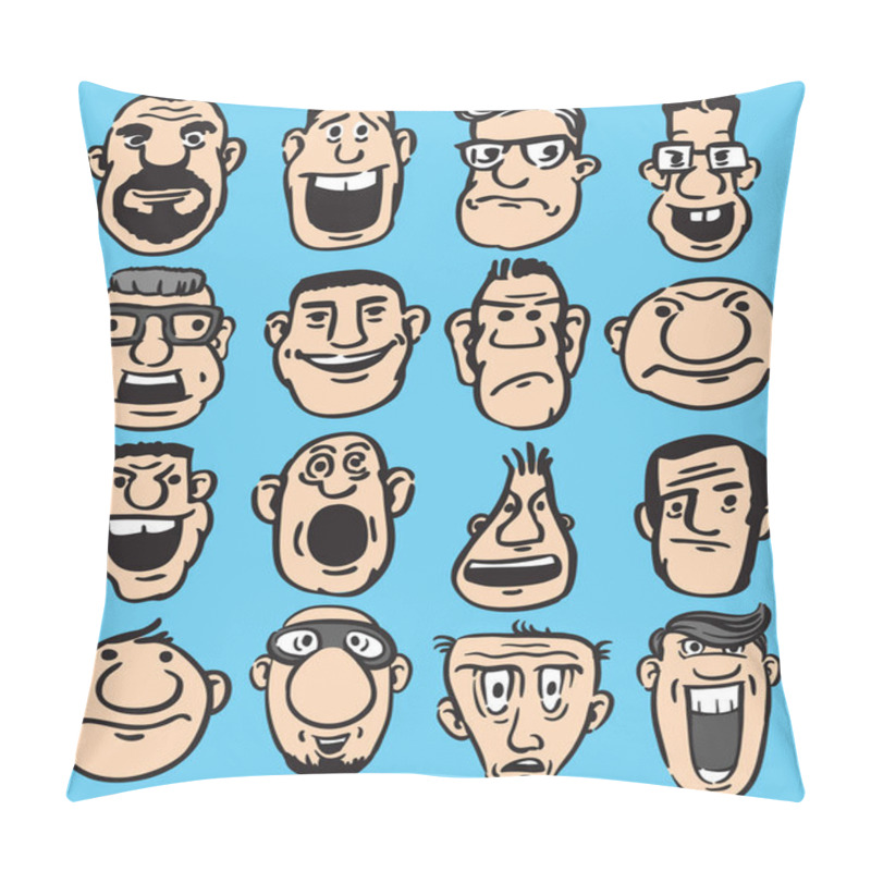 Personality  Vector Illustration Of Big Set Of 16 Funny Doodle Faces In Various Facial Expressions. Easy-edit Layered Vector EPS10 File Scalable To Any Size Without Quality Loss. High Resolution Raster JPG File Is Included. Pillow Covers