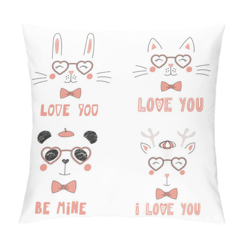 Personality  Valentines Day Card With Set Of Hand Drawn Portraits Of Cute Funny Animals In Heart Shaped Glasses With Romantic Quotes, Vector, Illustration Pillow Covers