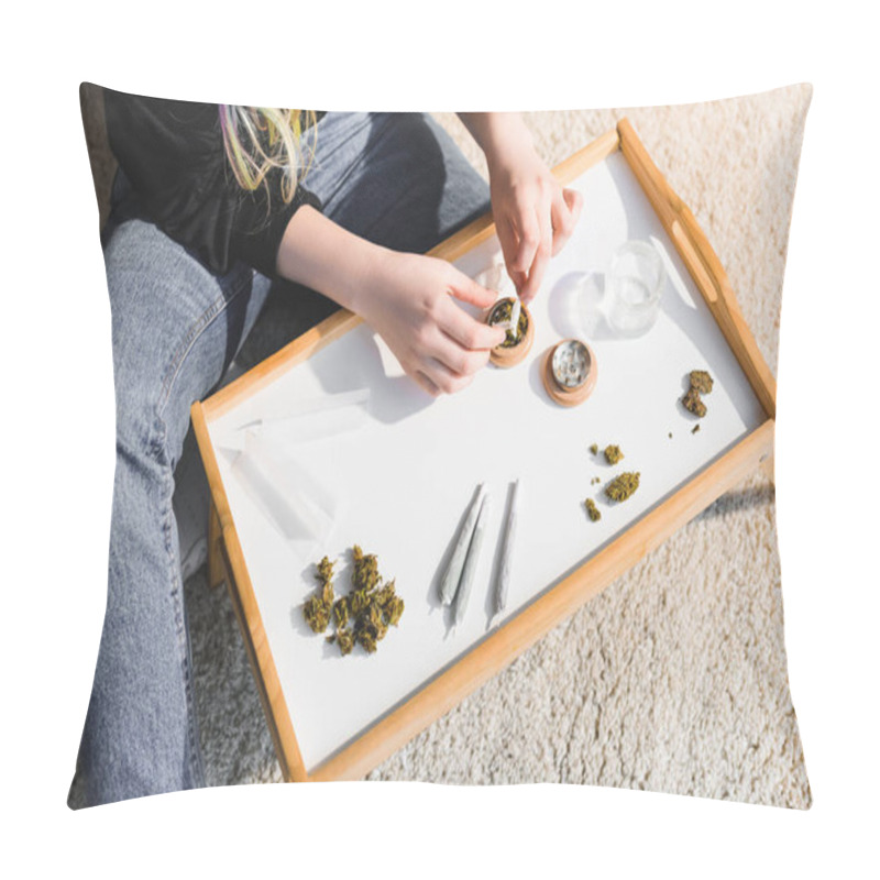 Personality  Cropped View Of Girl Putting Medical Cannabis In Herb Grinder Pillow Covers